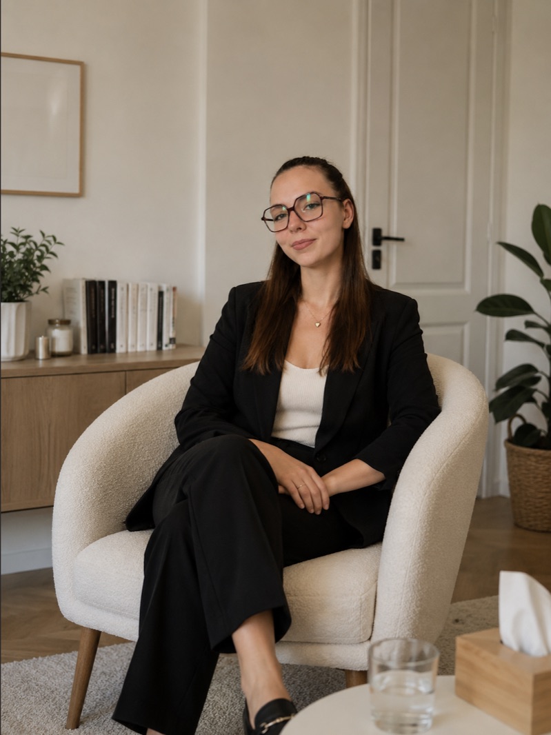 Marine Caquineau, sexothérapeute, assise dans un fauteuil de son bureau